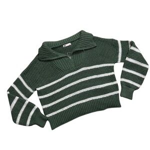SO Women’s Forest Green and White Striped Quarter Zip Chunky Sweater